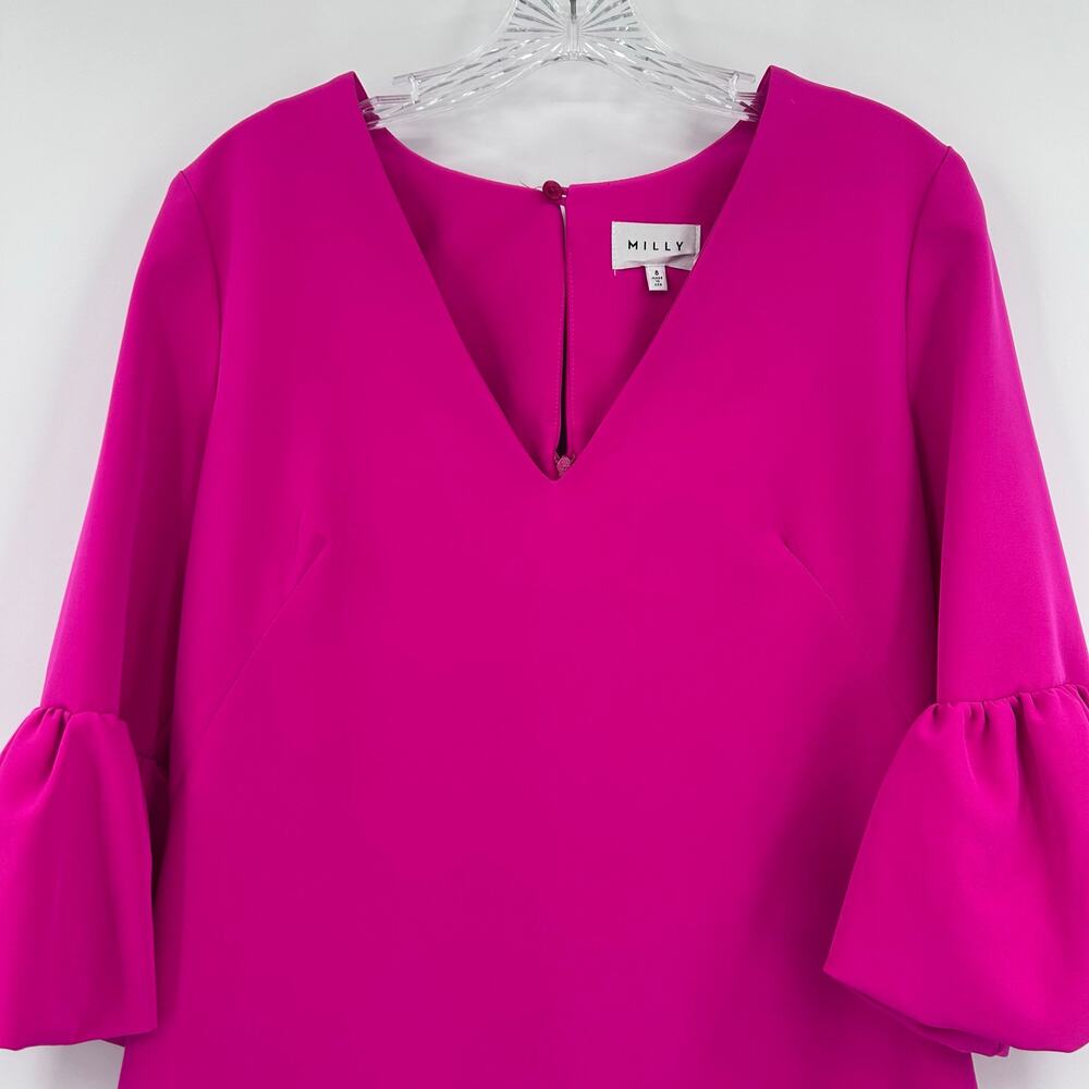 MILLY Mandy Dress Raspberry Pink Italian Cady Bubble Sleeve Shift Mini Dress 8 - Picture 4 of 11